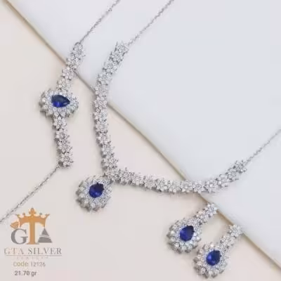 سرویس نقره زنانه عیار 925 با نگین یاقوت کبود آبی کد 12126