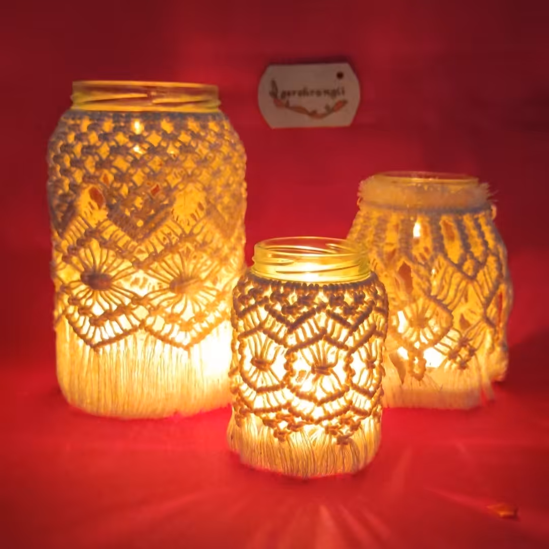 پک سه تایی جاشمعی مکرومه( شیشه به همراه کاور بافت)