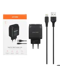 شارژر دیواری پرودو 12 وات دو پورت مدل PD-0203LEU-BK به همراه کابل شارژ لایتنینگ