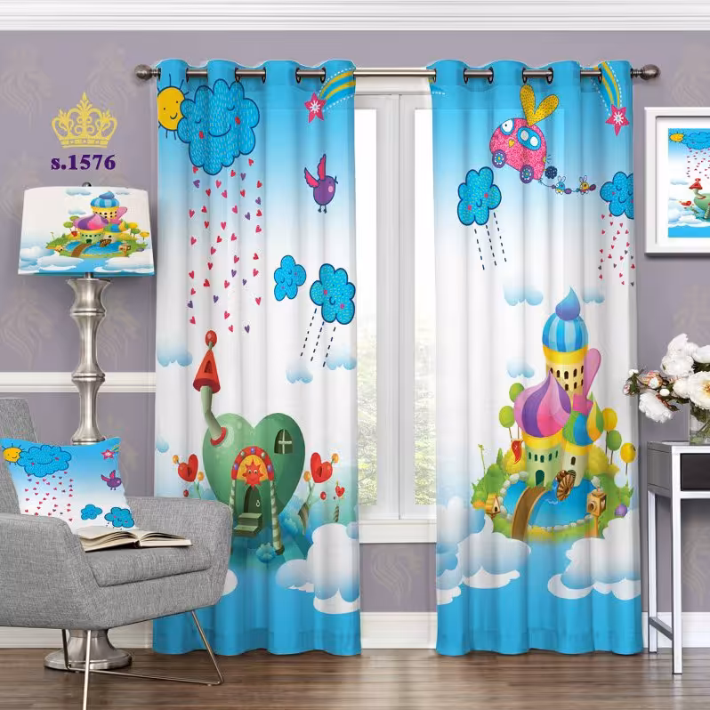 پرده اتاق کودک دو قواره پانچ آماده طرح قلعه و قلب کد 1576