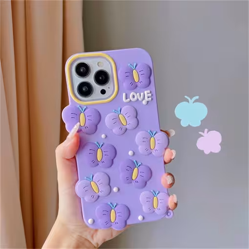 قاب موبایل آیفون پروانه بنفش LOVE برجسته سیلیکونی