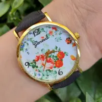 ساعت دخترانه بند مشکی با صفحه طرح گل ساعت ویژن