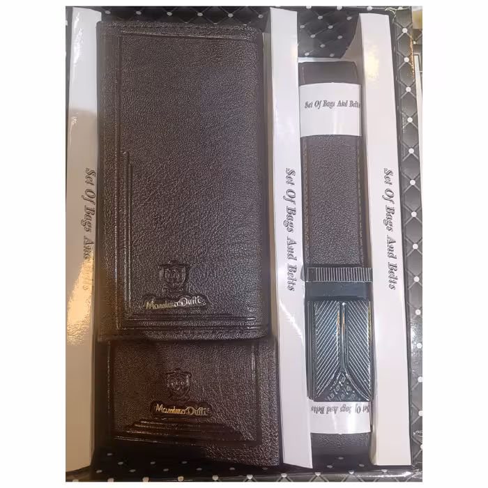 ست کیف پول پالتویی و  کیف کارت و کمربند مناسب هدیه همراه باکس 