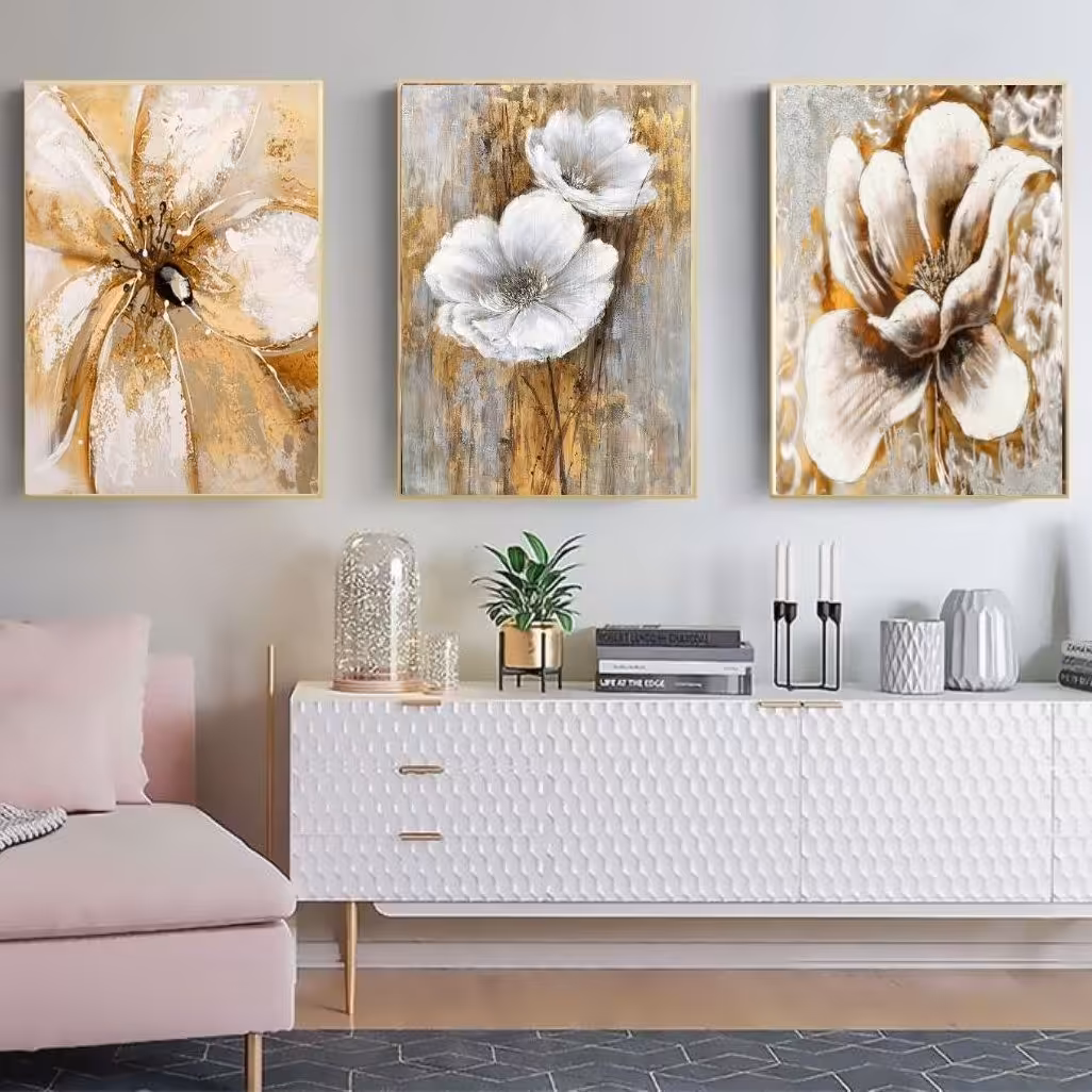 تابلو دکوراتیو 3تیکه گل سفید و کرم.