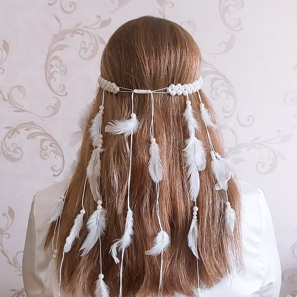 سربند بافت مروارید با دیزاین پر و مروارید