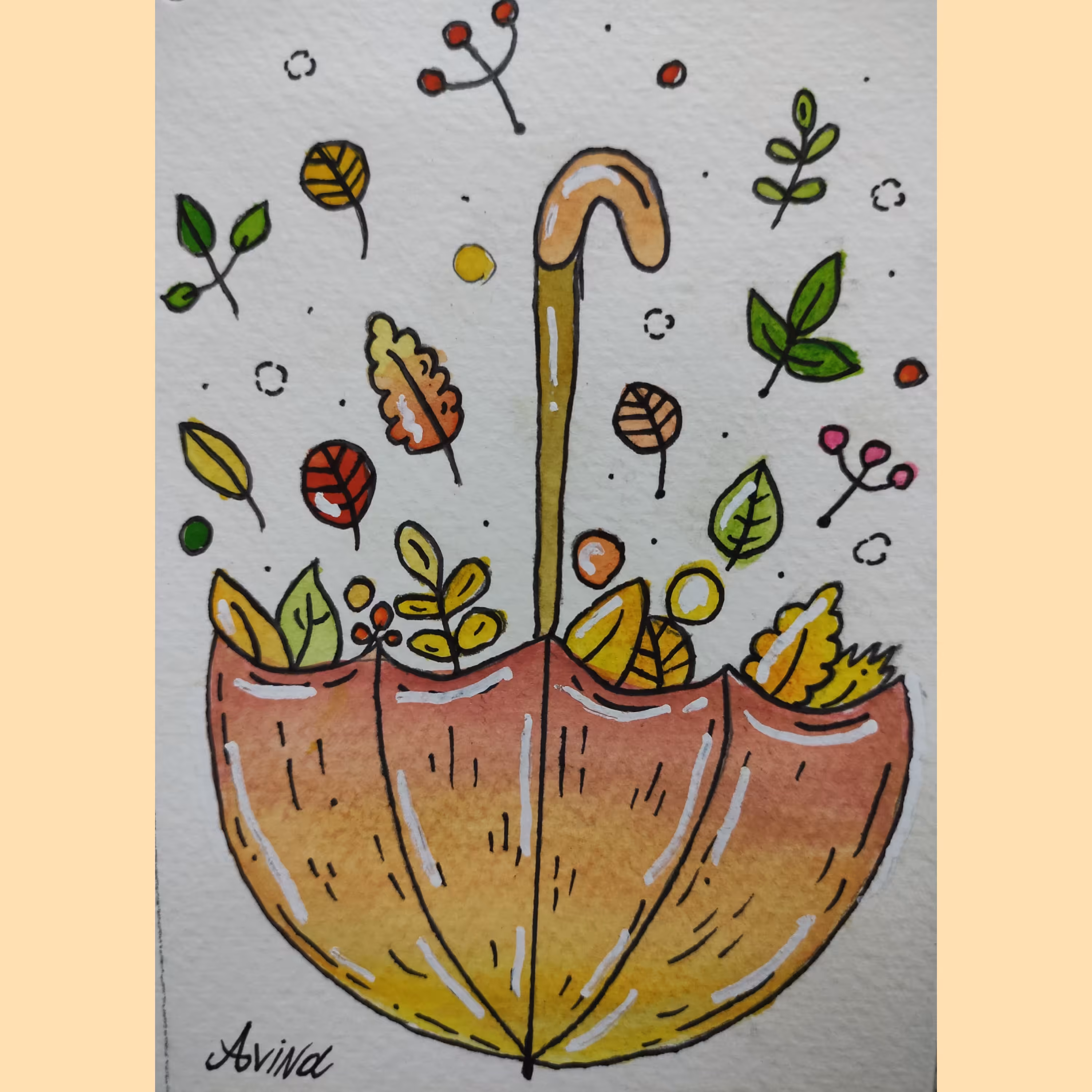 نقاشی آبرنگ طرح  چتر  پاییزی ، سایز  10 در 14