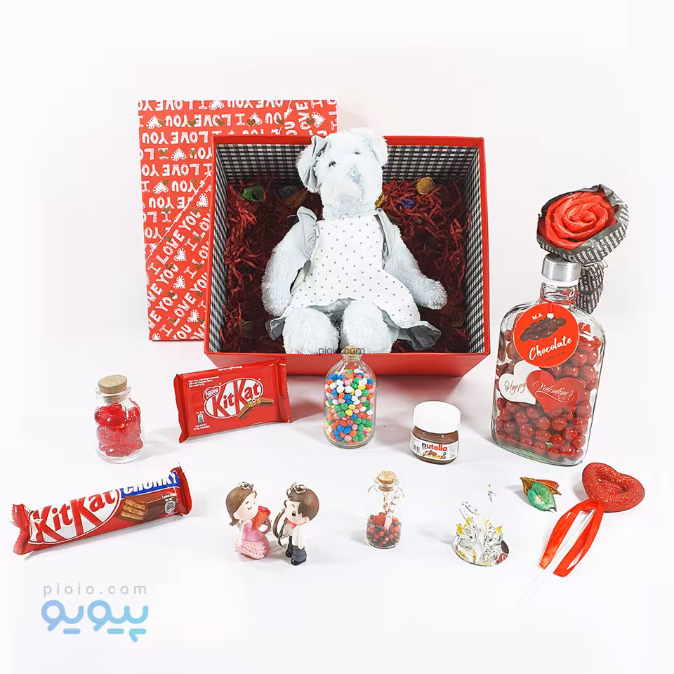 جعبه کادو آماده ولنتاین با عروسک خرس دختر پیراهن توپ توپی