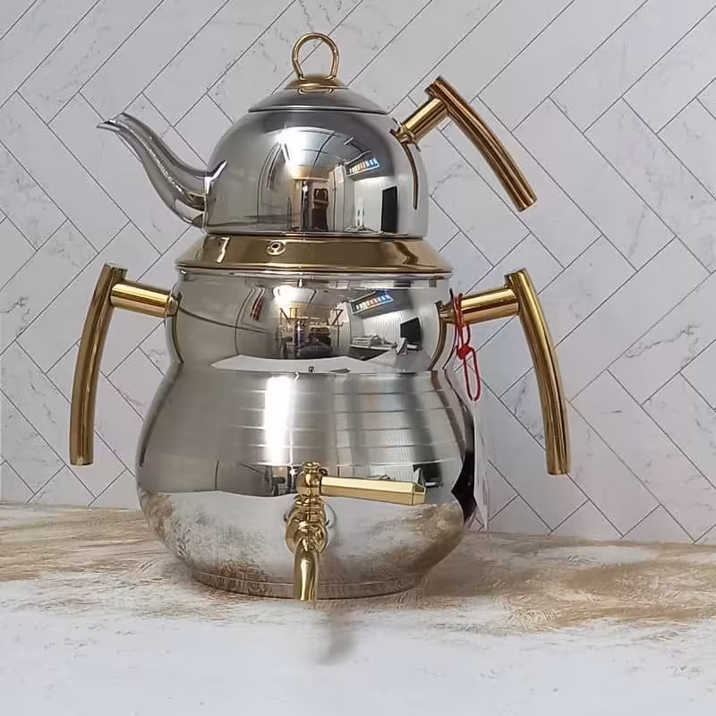 کتری قوری استیل دسته طلایی نزاز