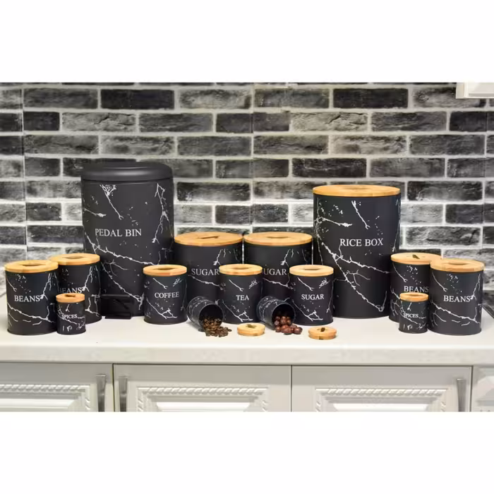 سرویس آشپزخانه 15 پارچه درب بامبو (BVK ) طرح ماربل مشکی  با خط طوسی  855581