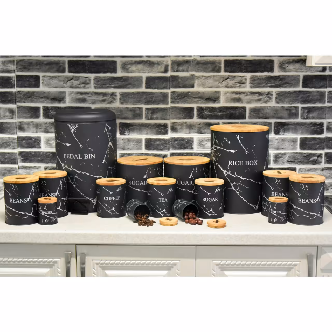 سرویس آشپزخانه 15 پارچه درب بامبو (BVK ) طرح ماربل مشکی  با خط طوسی  855581