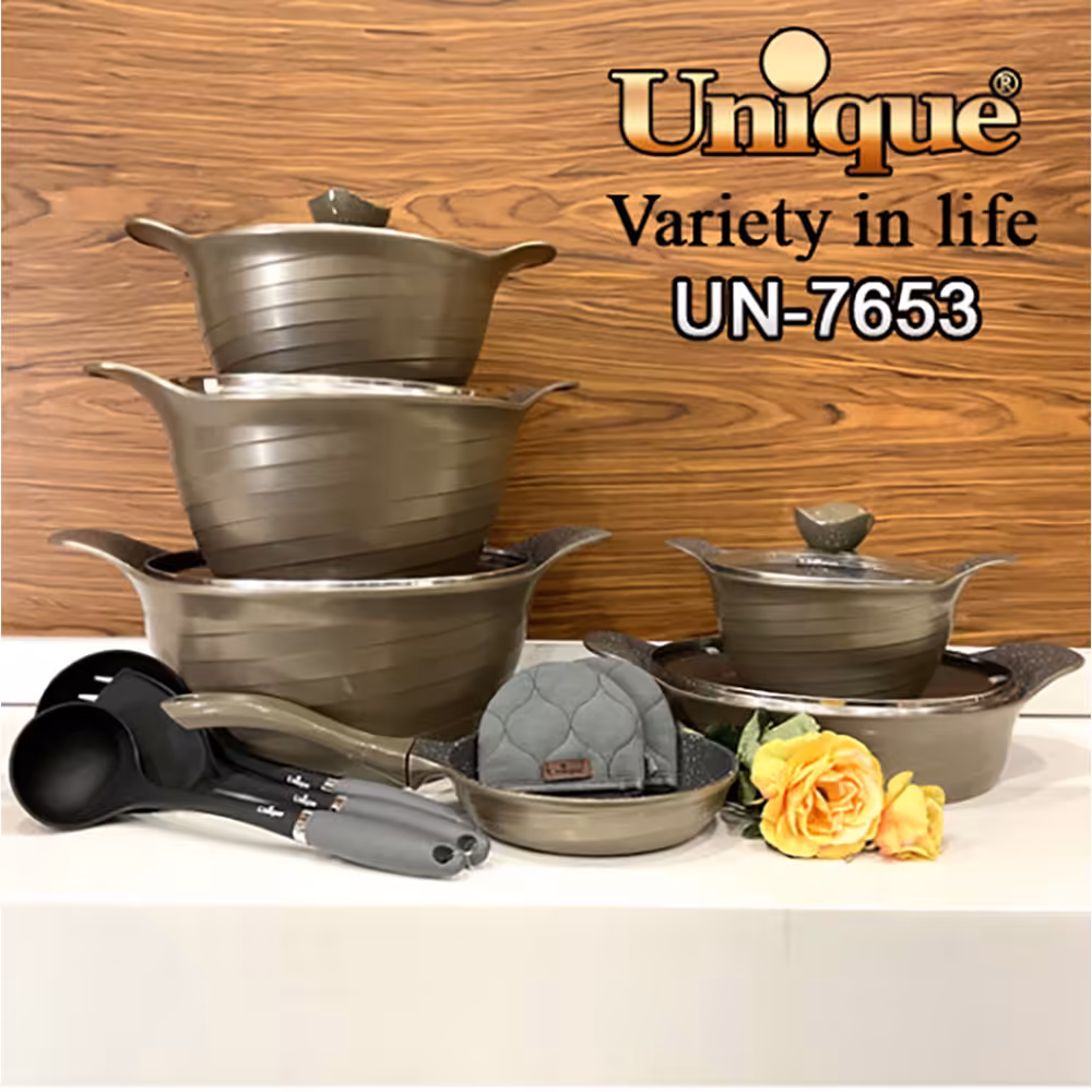 سرویس قابلمه 14 پارچه زیتونی رز یونیک کد 7653