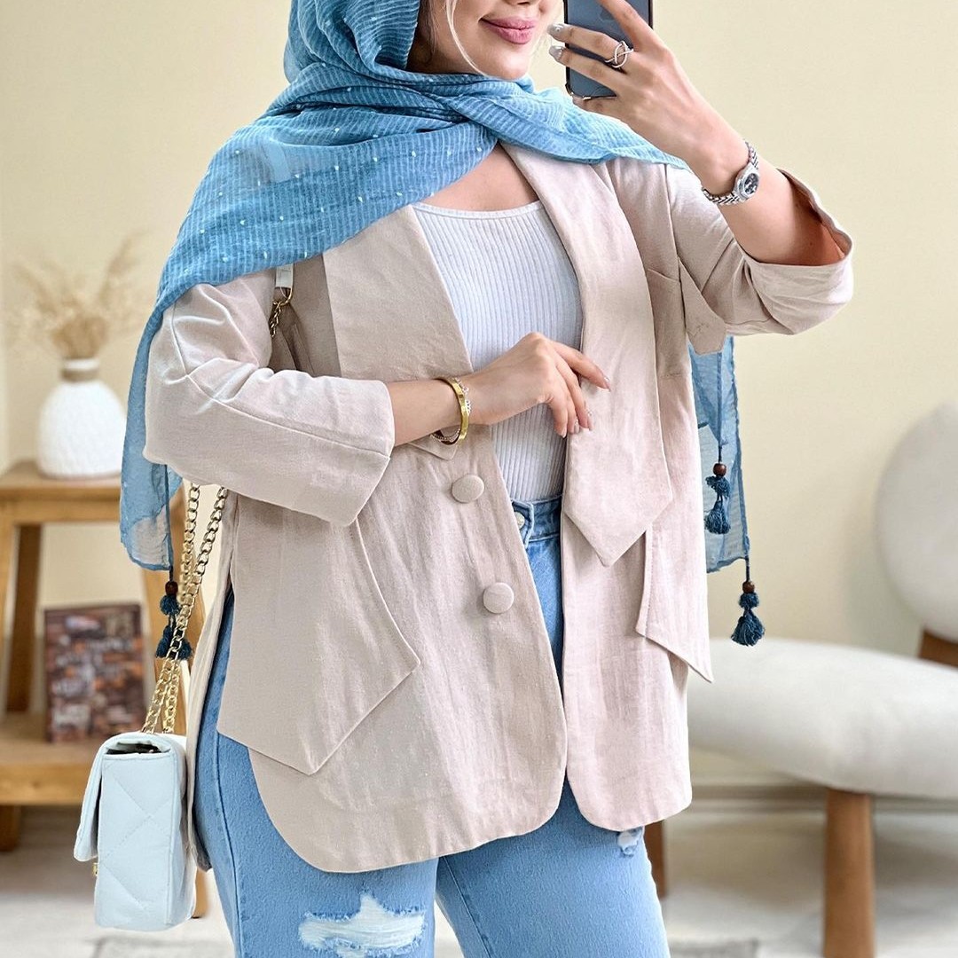 مانتو جلوباز کوتاه کت زنانه لنین رنگ کرم تیره لینن تابستانی فری سایز ارسال رایگان