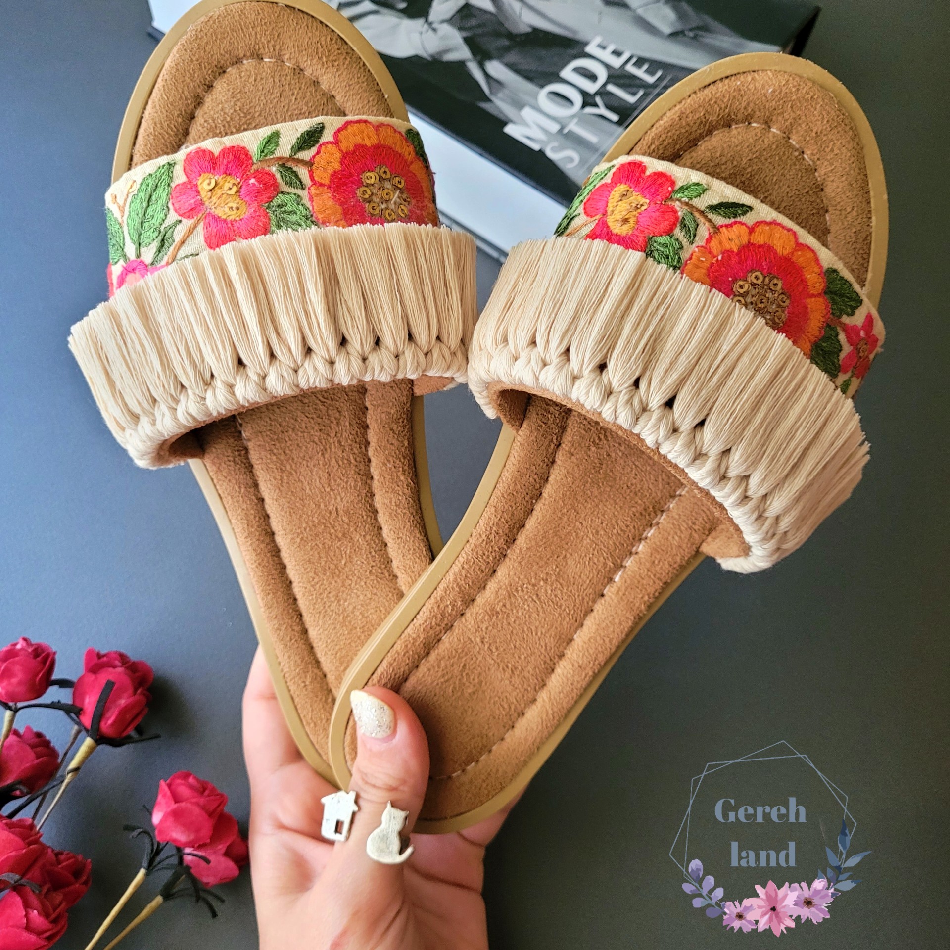 صندل مکرومه سوزندوزی مدل نسترن
