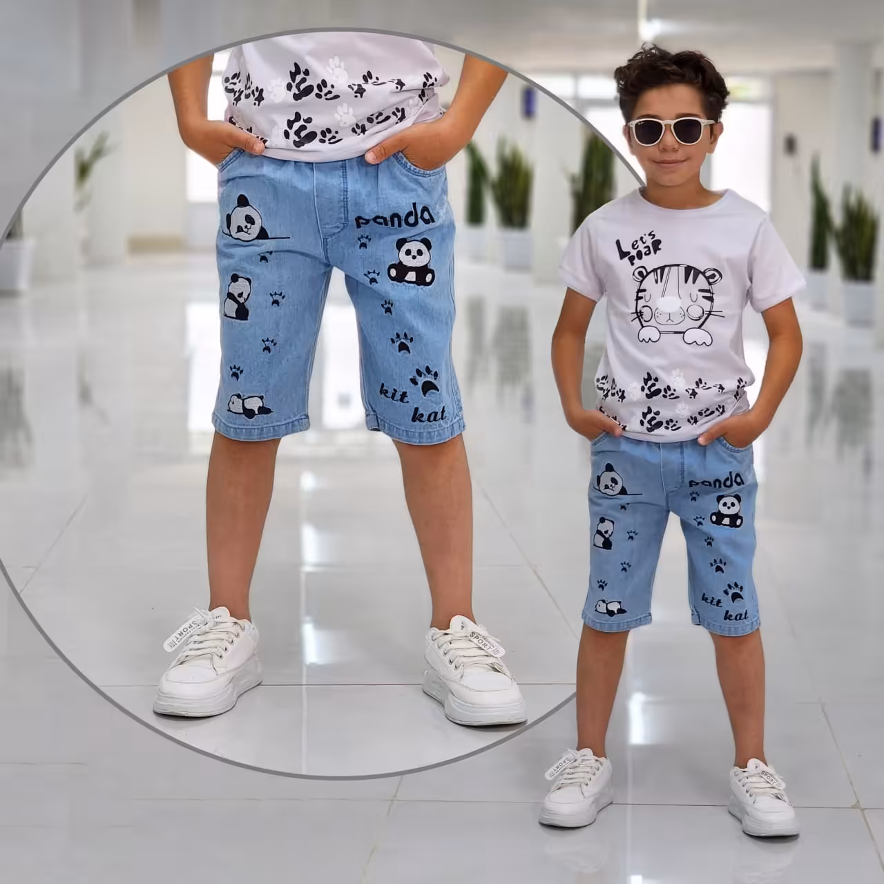 شلوارک جین آبی روشن طرح پاندا پسرانه و دخترانه