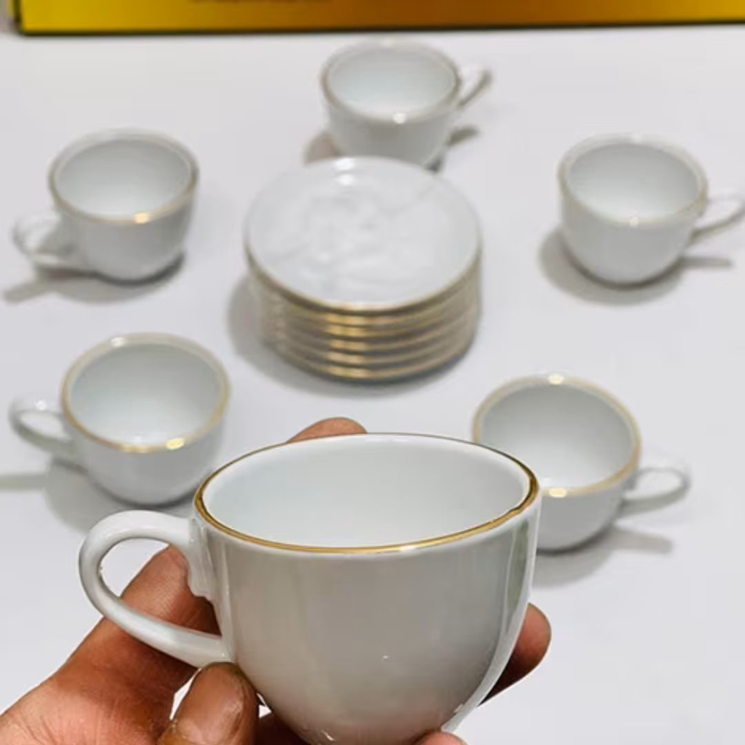 سرویس شیشتایی قهوه خوری همراه با زیراستکان چینی مقصود لبه طلا درجه یک