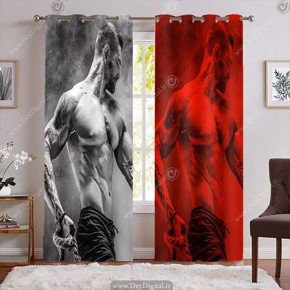 پرده پانچی آماده باشگاه بدنسازی با تم طوسی و قرمز BA-7617-s