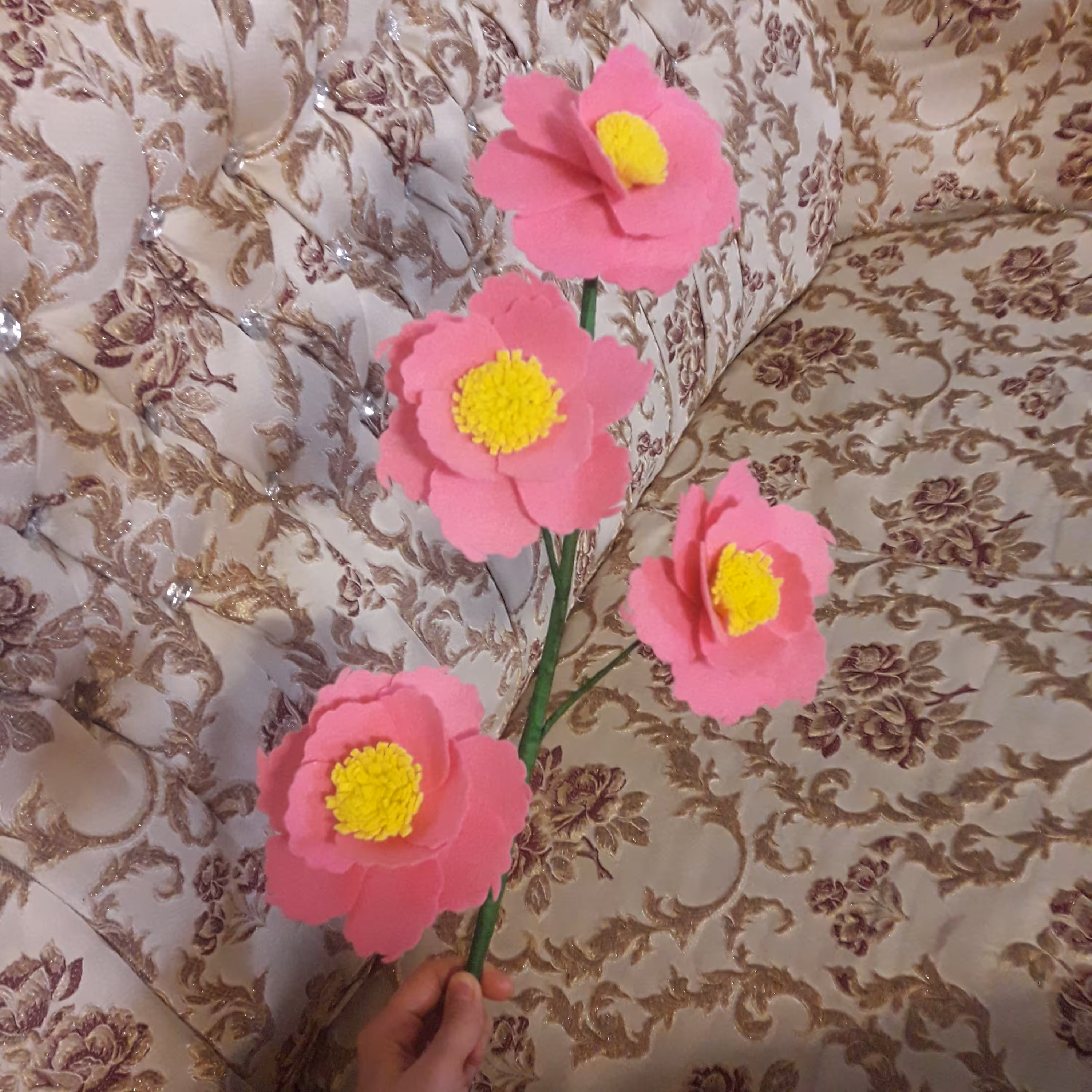 گل رز صورتی نمدی 4 شاخه باهم مصنوعی