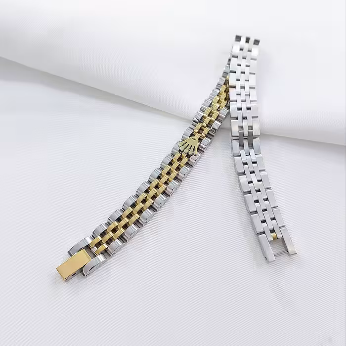 دستبند استیل رولکس رنگ ثابت دو رنگ طلایی و نقره ای تاجدار