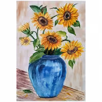 نقاشی آبرنگ گل آفتابگردان با گلدان