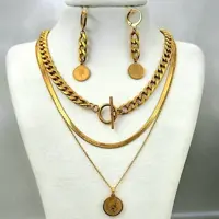 ست گردنبند گوشواره زنانه  کارتیر  و الیزابت و زنجیرماری استیل سه لاین (لاوین گالری)