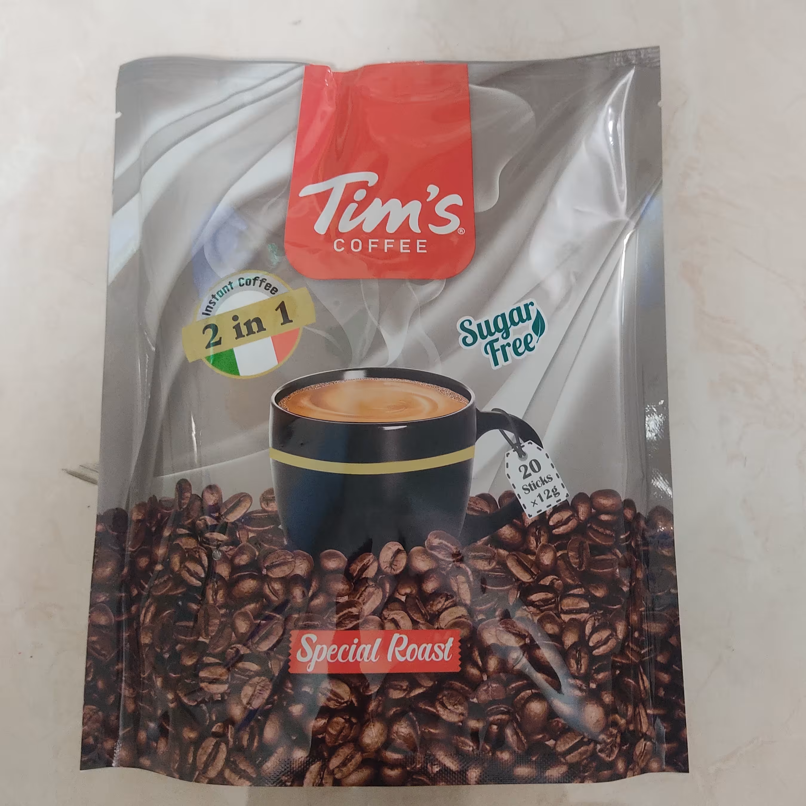 پودر  قهوه (پودر  مخلوط قهوه فوری دو در یک ) برند تیمز ، بسته بیست عددی ، وزن هر بسته 12 گرم 