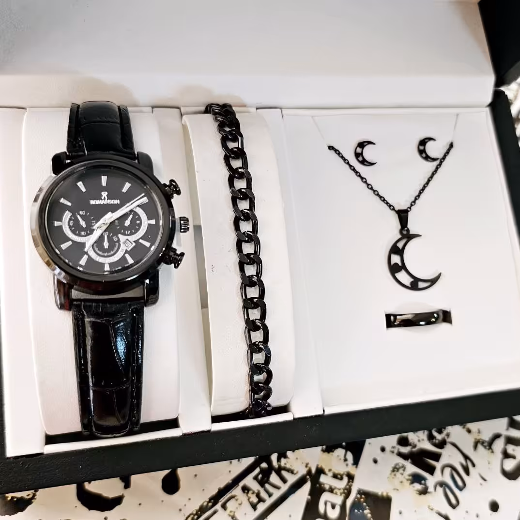 ست ساعت زنانه و دخترانه مشکی استیل رنگ ثابت ساعت بند چرم با کیفیت ارسال رایگان 