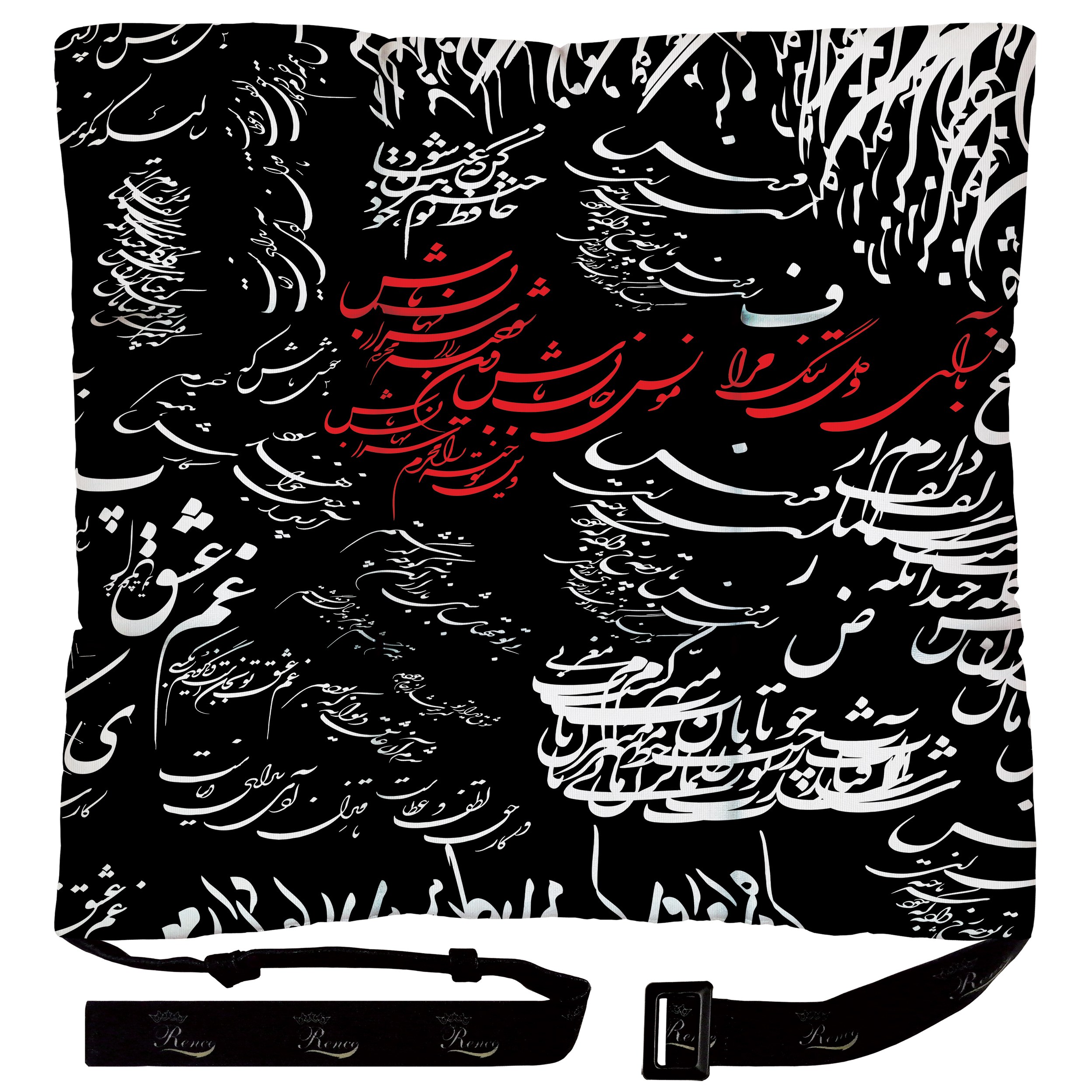 بالش و تشک صندلی مربع پارچه مخمل دو رو چاپ طرح نستعلیق سایز 38 در 38 مدل M1-403 شرکت رنس