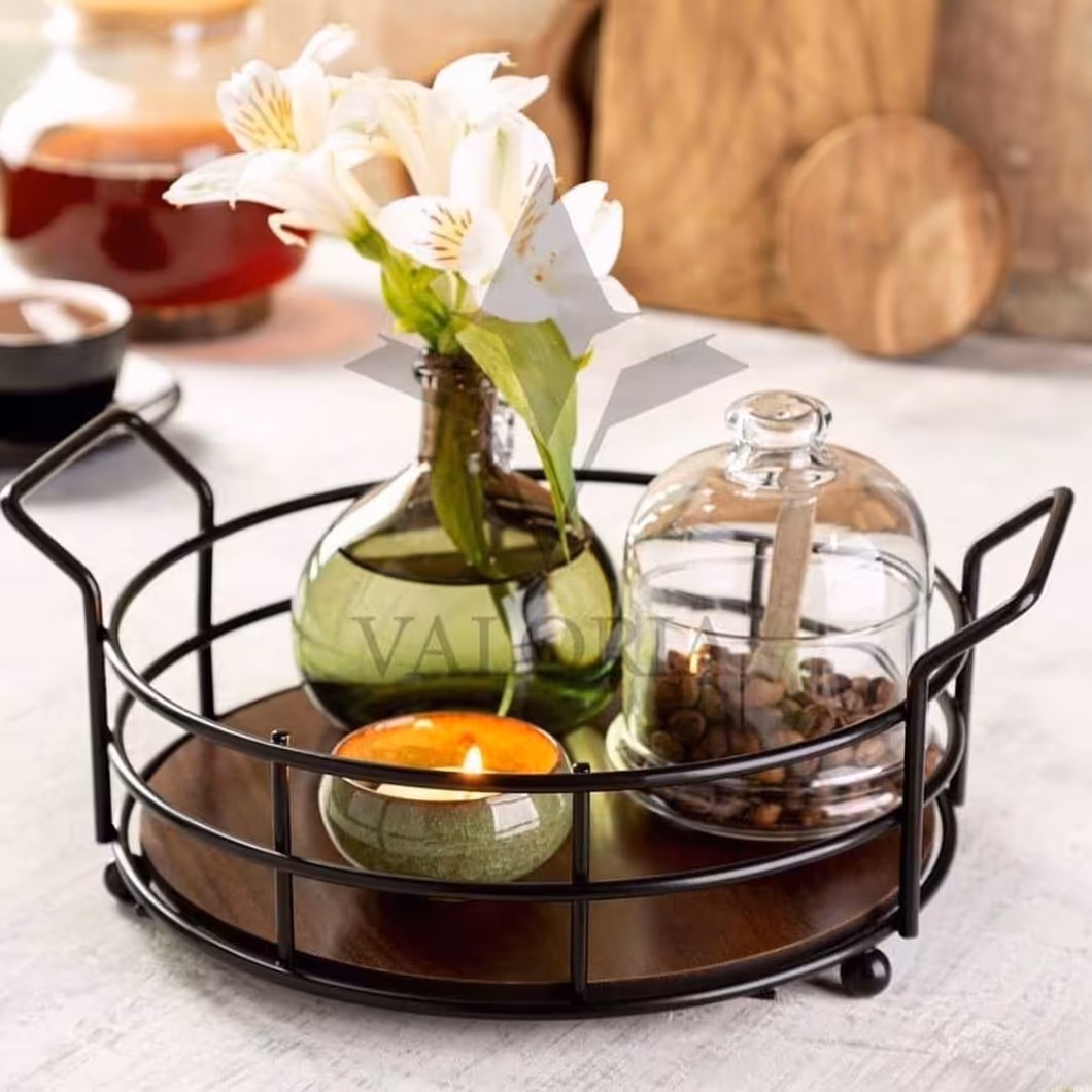 سینی فلزی دسته دار کفه چوبی بسیار باکیفیت قابل شست و شو باقطر 23سانت ارتفاع 7سانت