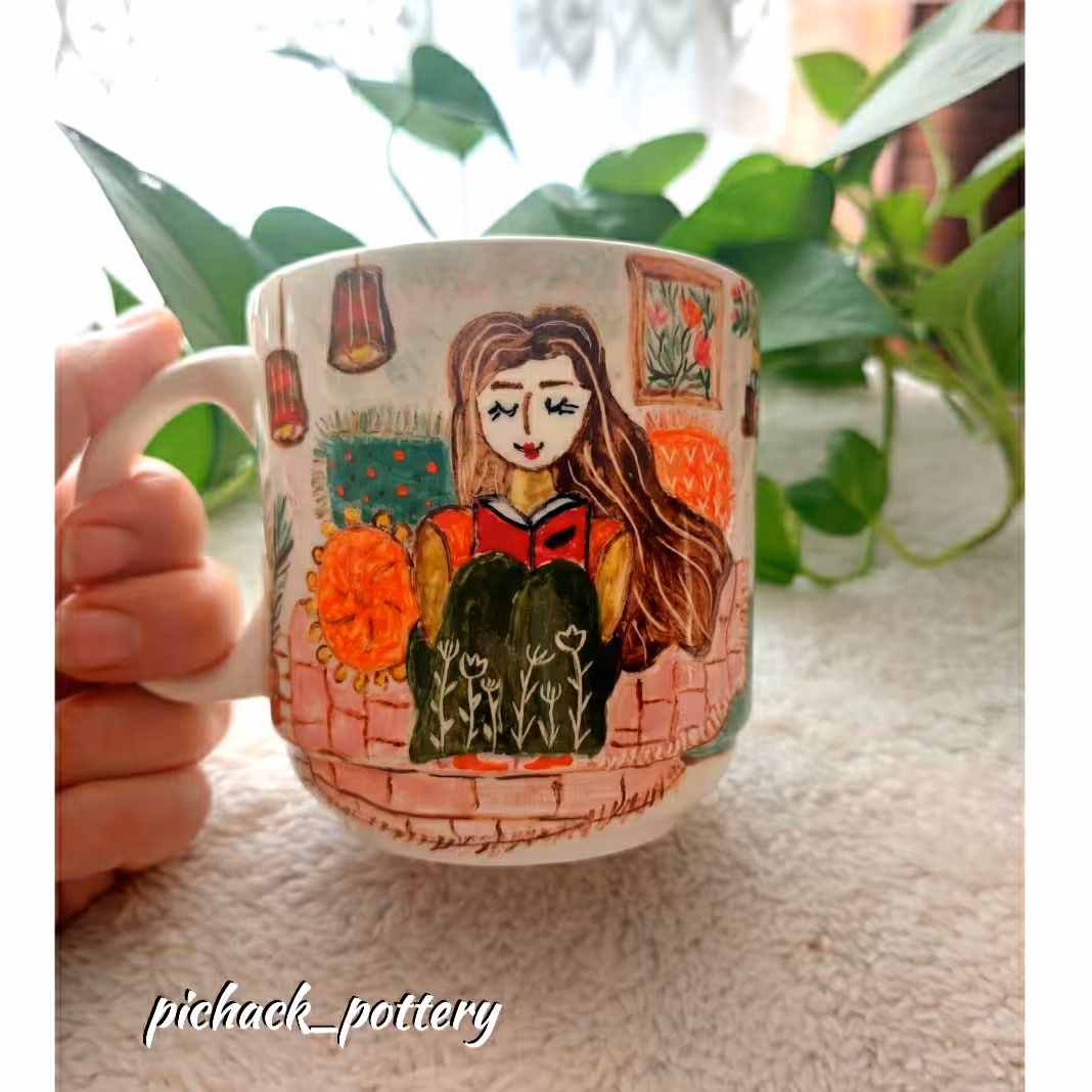 ماگ سرامیکی دخترانه طرح کتاب ،نقاشی زیرلعابی با دوبار پخت در کوره و بهداشتی و قابل مصرف(پس کرایه)