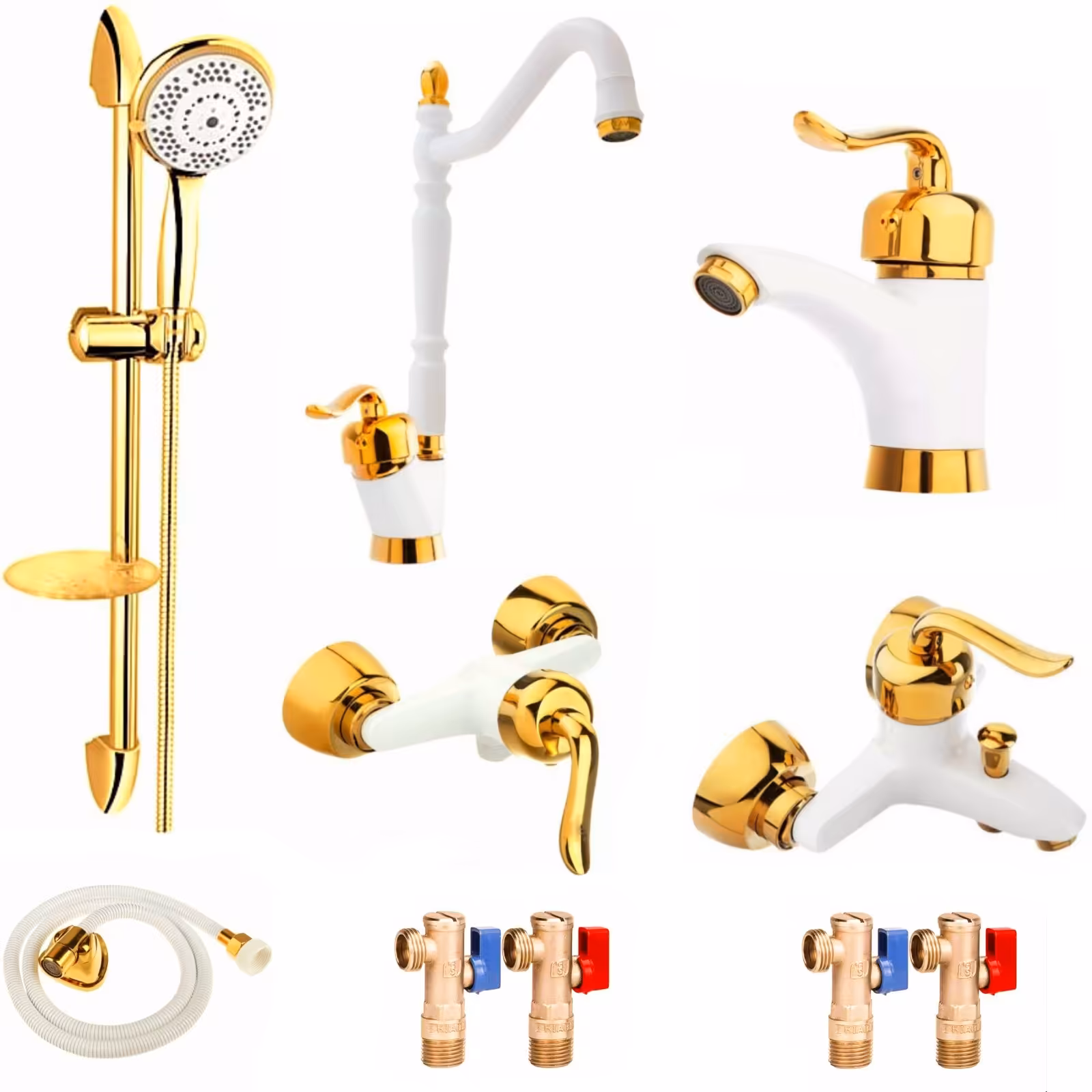 ست شیرالات رز مدل بیزانسی مجموعه 10 عددی سفید طلایی به همراه علم دوش حمام و شلنگ سرویس بهداشتی و شیرهای پیسوار 