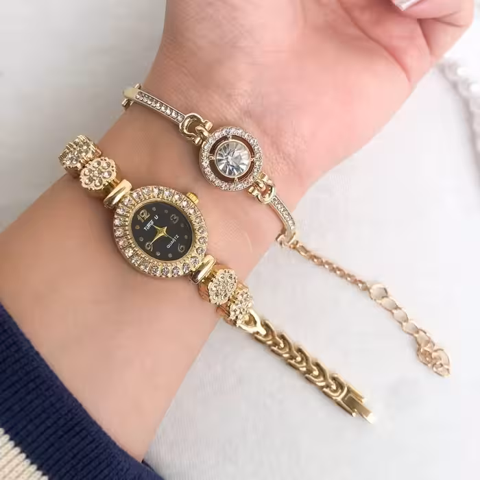 ساعت زنانه و دخترانه مجلسی نگین دار به همراه دستبند(ارسال رایگان) 