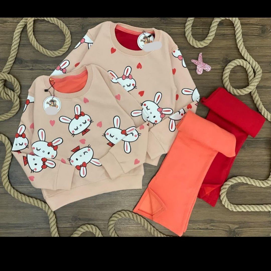 ست لباس دخترانه خرگوشی بچه گانه کراپ و شلوار  دمپا گشاد چاک دار  جنس دورس پنبه ای  قرمز  و نارنجی