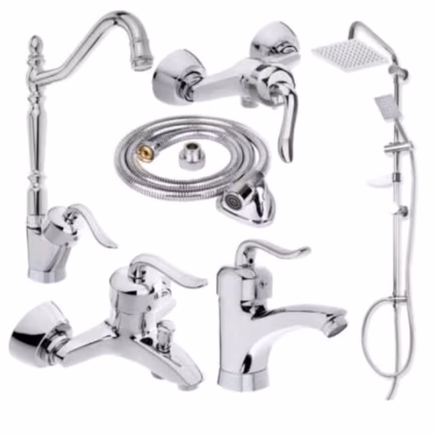 ست شیرالات ساختمان رنگ کروم بهمراه علم دوش دوکاره و شلنگ توالت جنس درجه 1 و استاندارد و نشان ایزو 9001