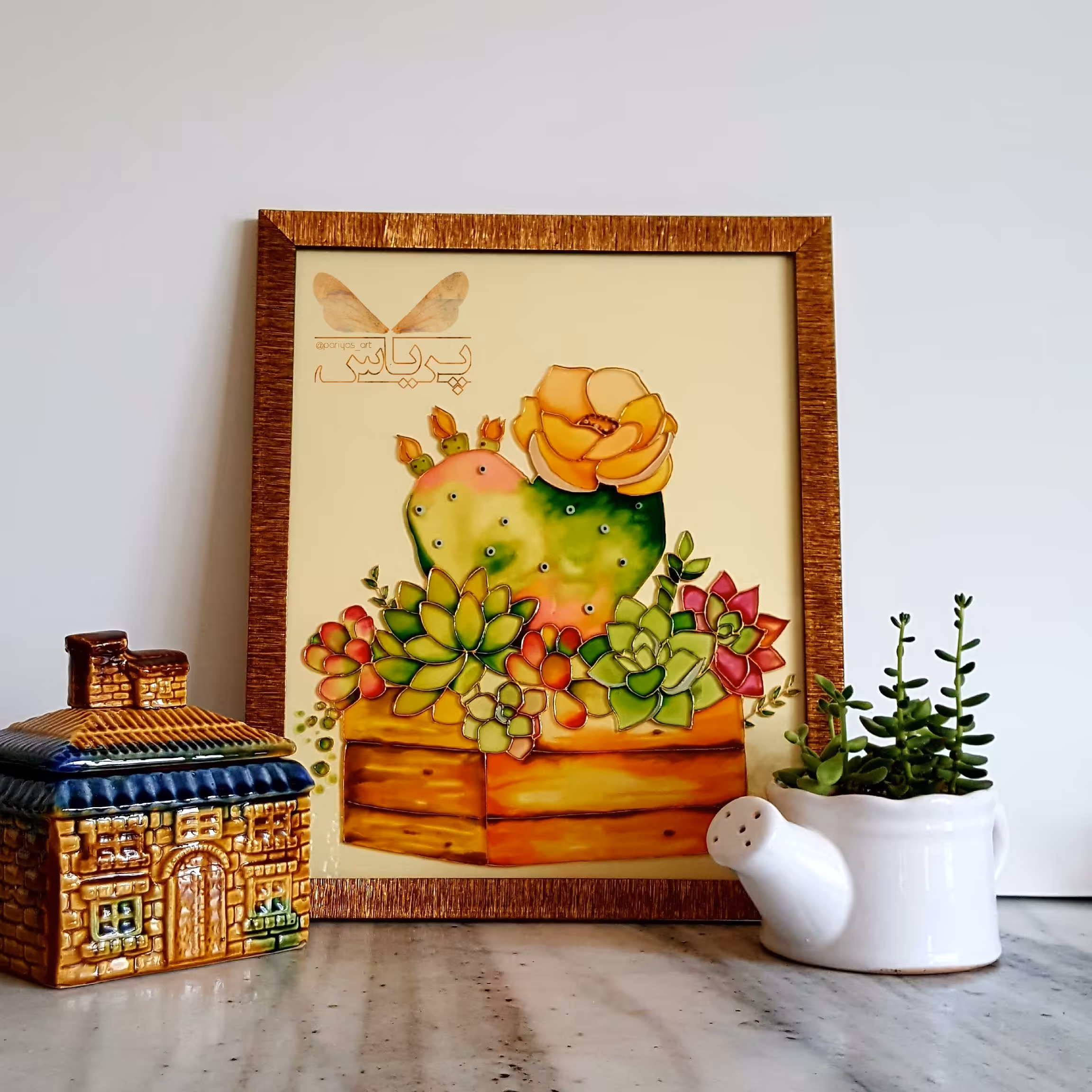 تابلو  جعبه پر از ساکولنت نقاشی روی شیشه (ویترای) 