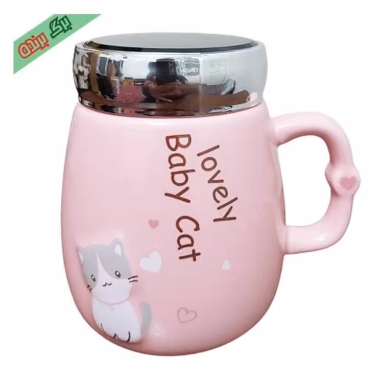 ماگ سرامیکی طرح گربه برجسته درب آینه ای