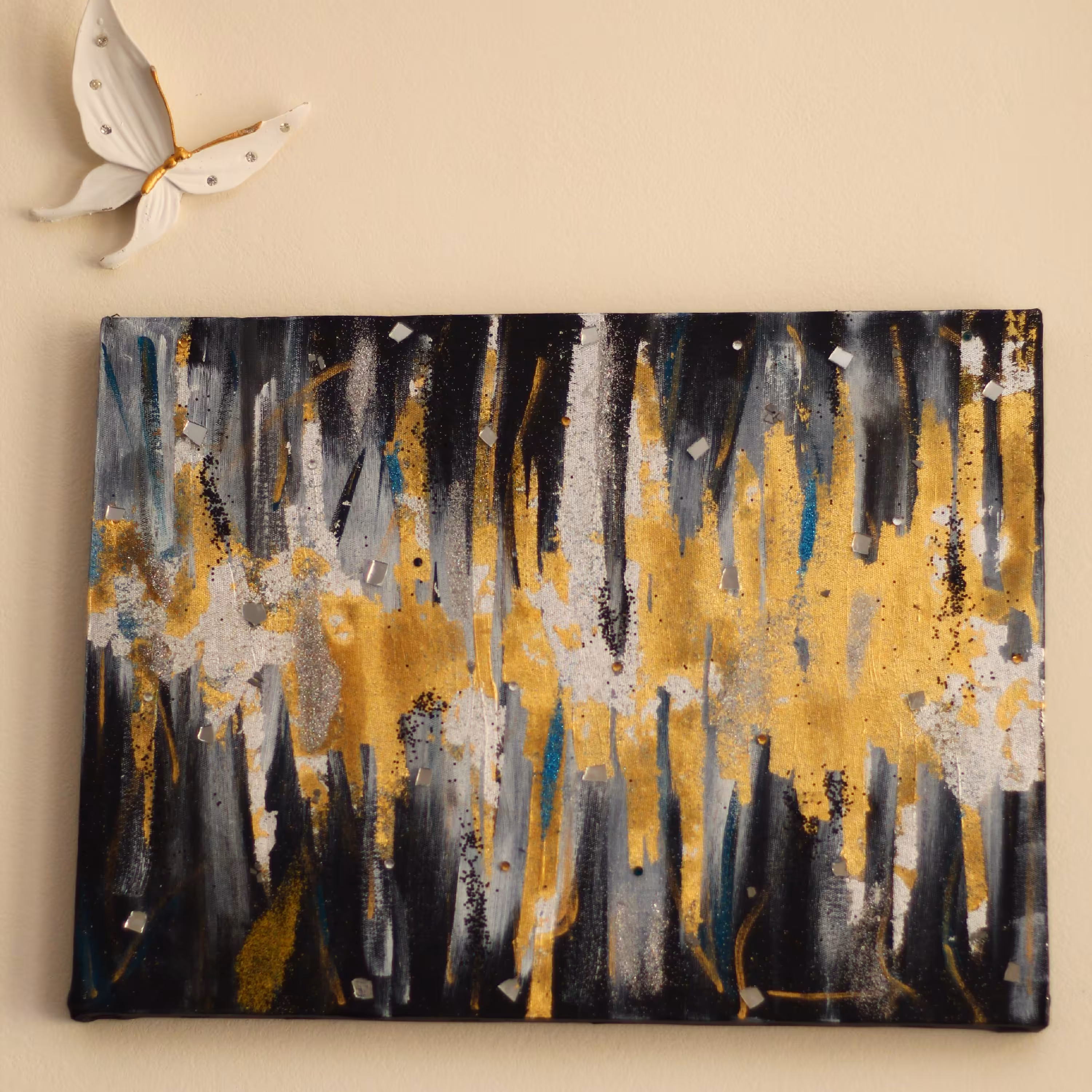 تابلو دکوراتیو مدرن،سایز 30 در40،ورق طلا و نقره،آینه،اکلیل