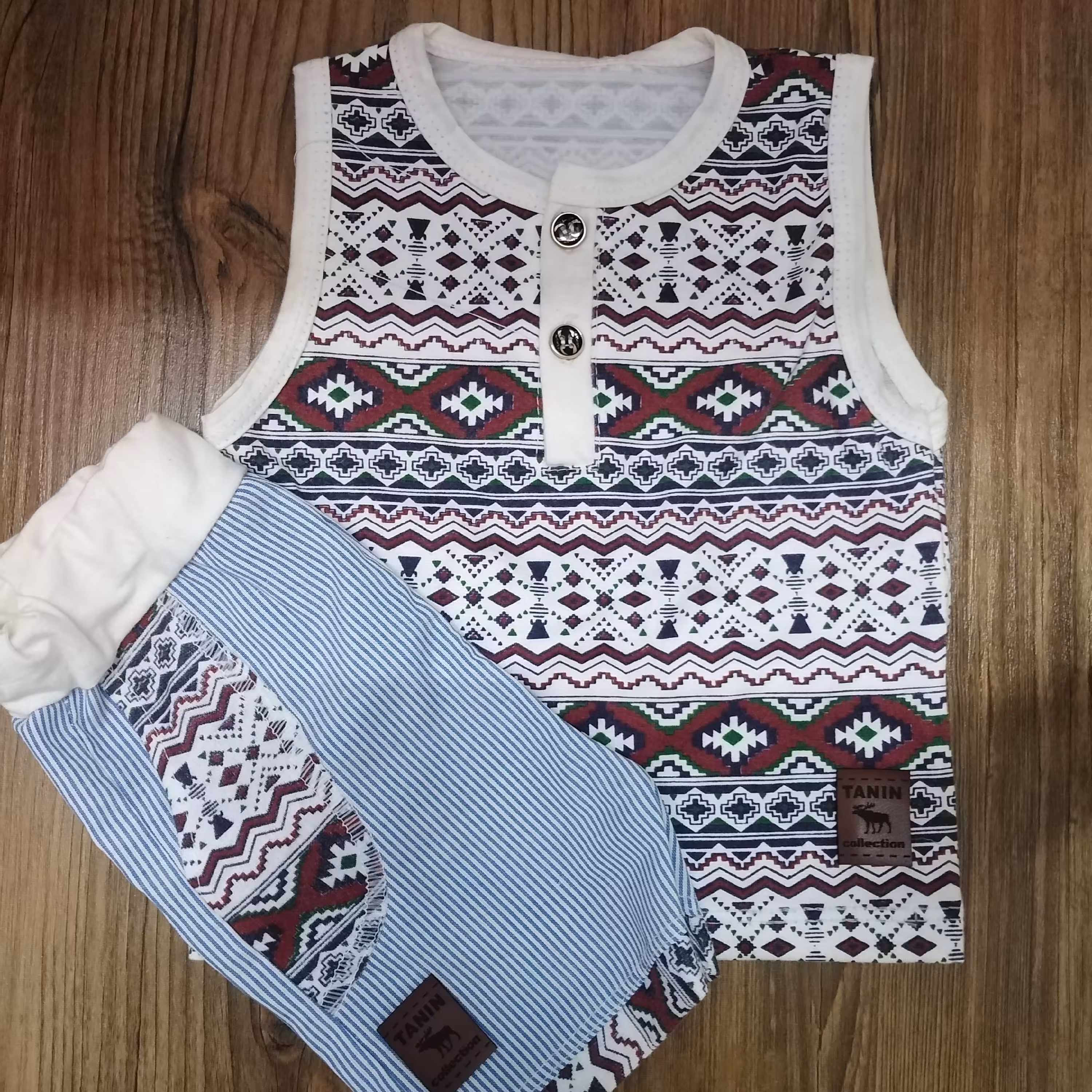 تاپ شورت تیشرت شلوارک پسرانه طرح سنتی سیسمونی خنک جلو دکمه دار پرفروش 