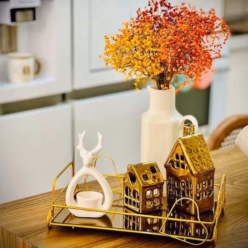 سینی مستطیلی دو قلب طلایی آبکاری فورتیک