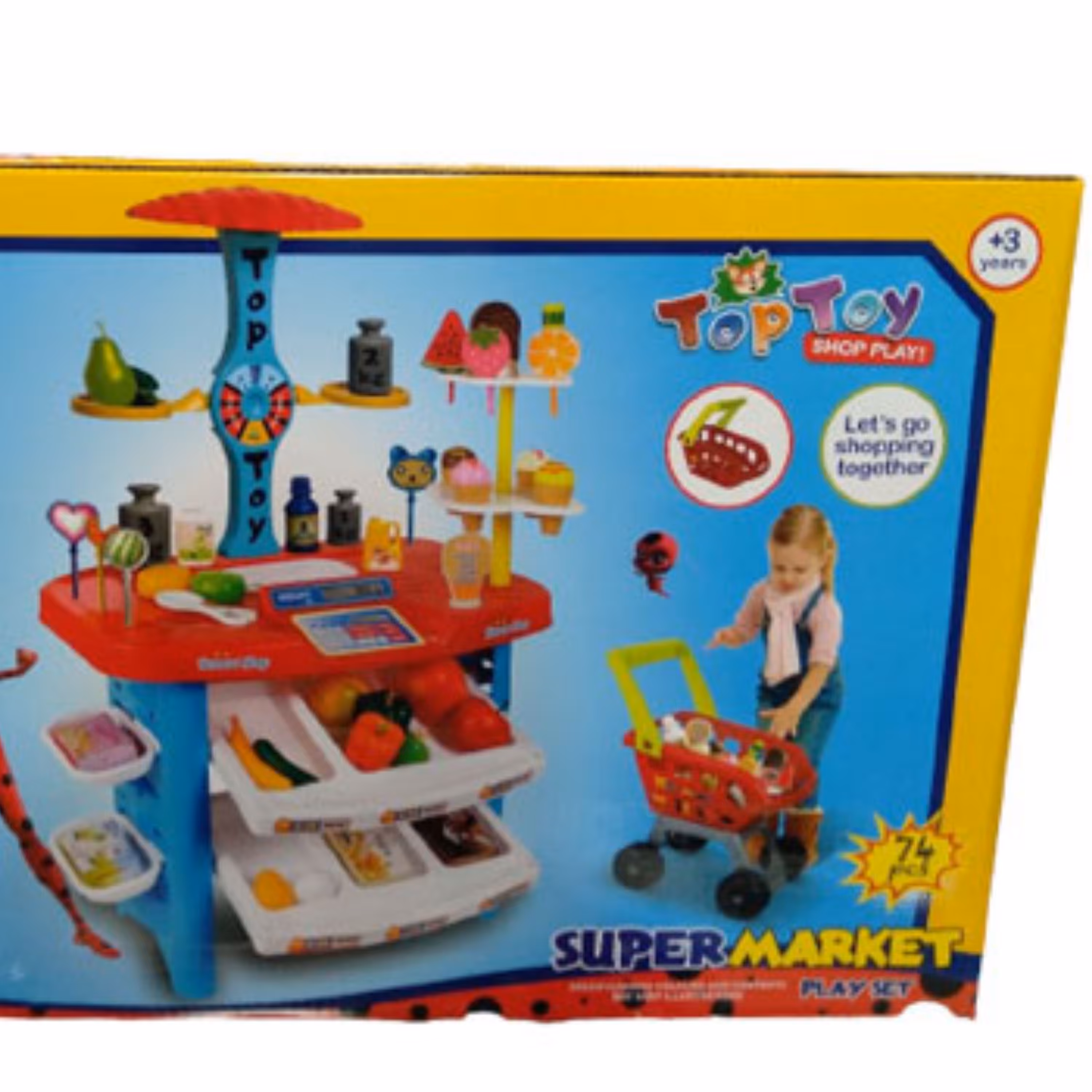 فروشگاه سوپر مارکت بهمراه  سبد خرید کلی  میوه  و  اسکناس و  وسایل مختلف طبق عکسی که روی جعبه کالا کشیده وجود داره