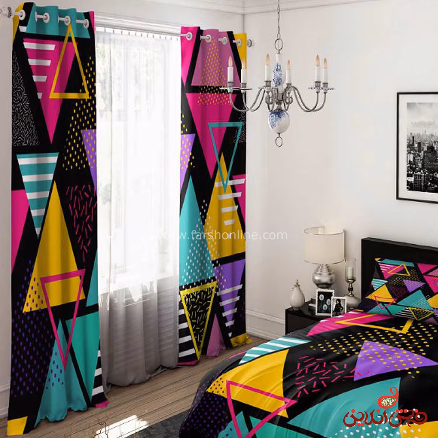 پرده 2 عددی طرح  مثلث رنگی (اشکال هندسی)  کد 15111/1