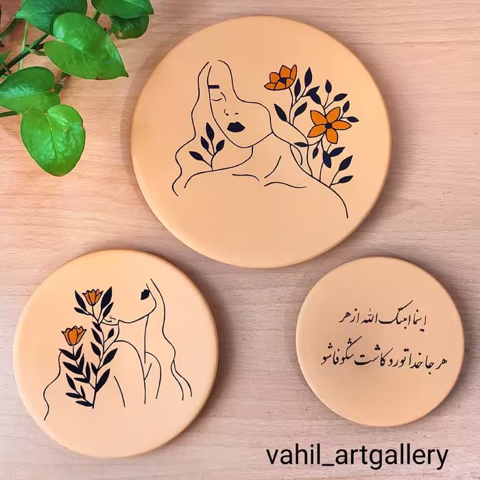 تابلو دیوارکوب سفالی دخترانه مینیمال لاین ارت رنگ نود ست سه عددی