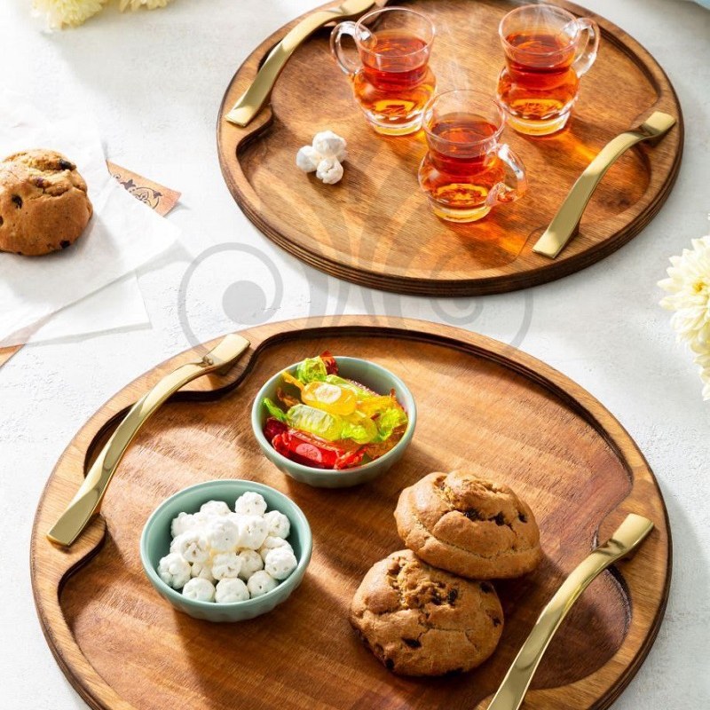 سینی گرد چوبی دسته طلایی   پک 2 عددی 
