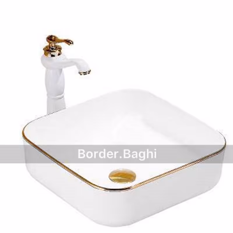 کاسه روشویی مدل سفید لب طلایی مربع
