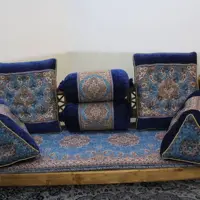 سرویس خان سالار ترمه رنگ آبی فیروزه ای باکنارمخمل سرمه ای(ست 7تیکه پشتی ترمه دستدوز و سنتی)