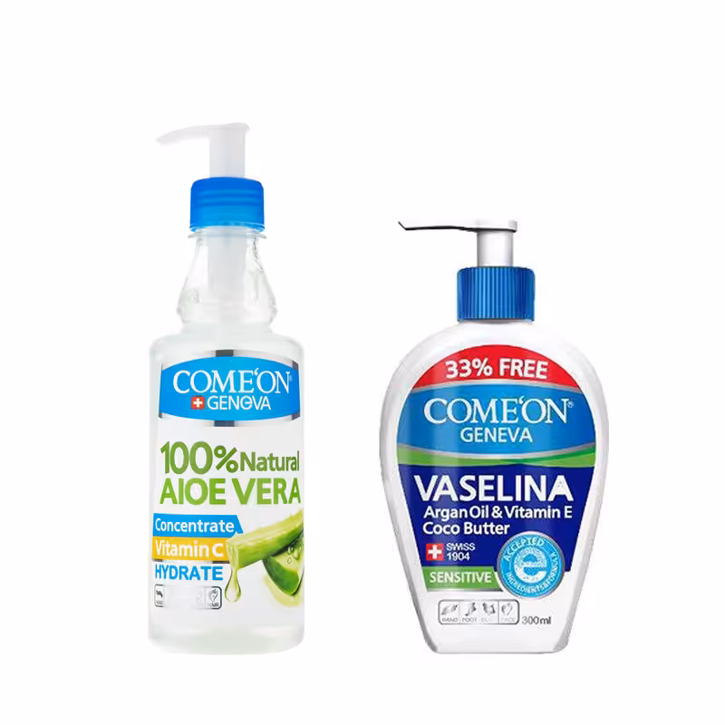 ژل آبرسان کامان مدل آلوئه ورا حجم 400 میلی لیتر به همراه وازلین کامان مدل 01 حجم 300 میلی لیتر