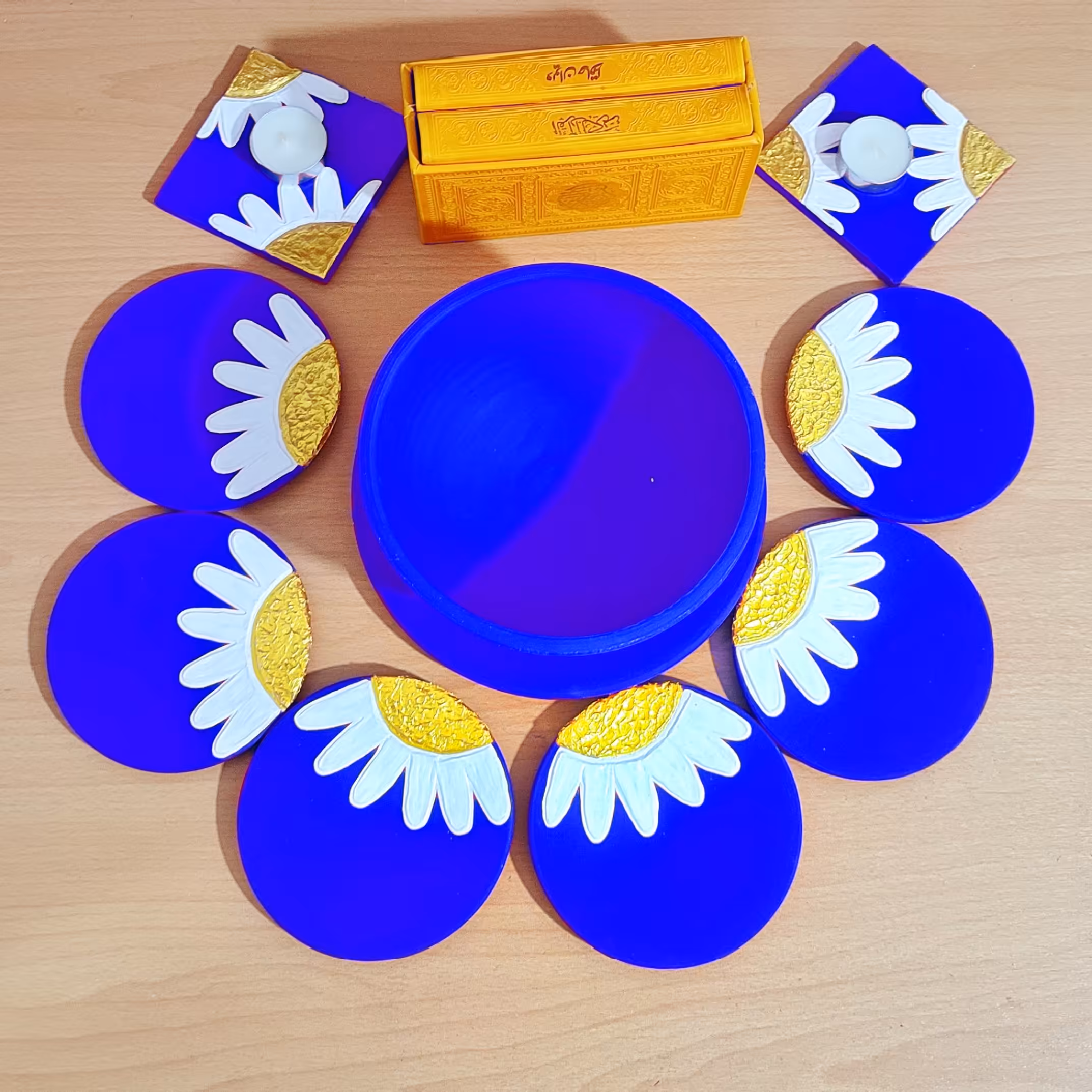 هفت سین 12 پارچه گل برجسته بابونه و پرنده ابی 