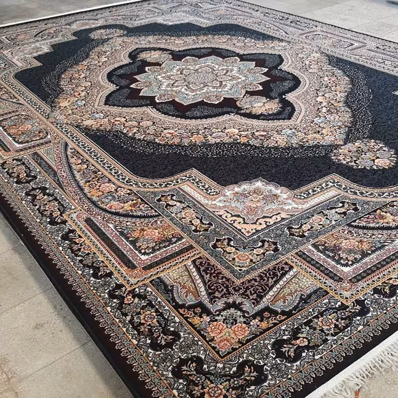 فرش ماشینی9متری طرح باغ معلق سرمه ای 700شانه تراکم 2550نخ اکریلیک