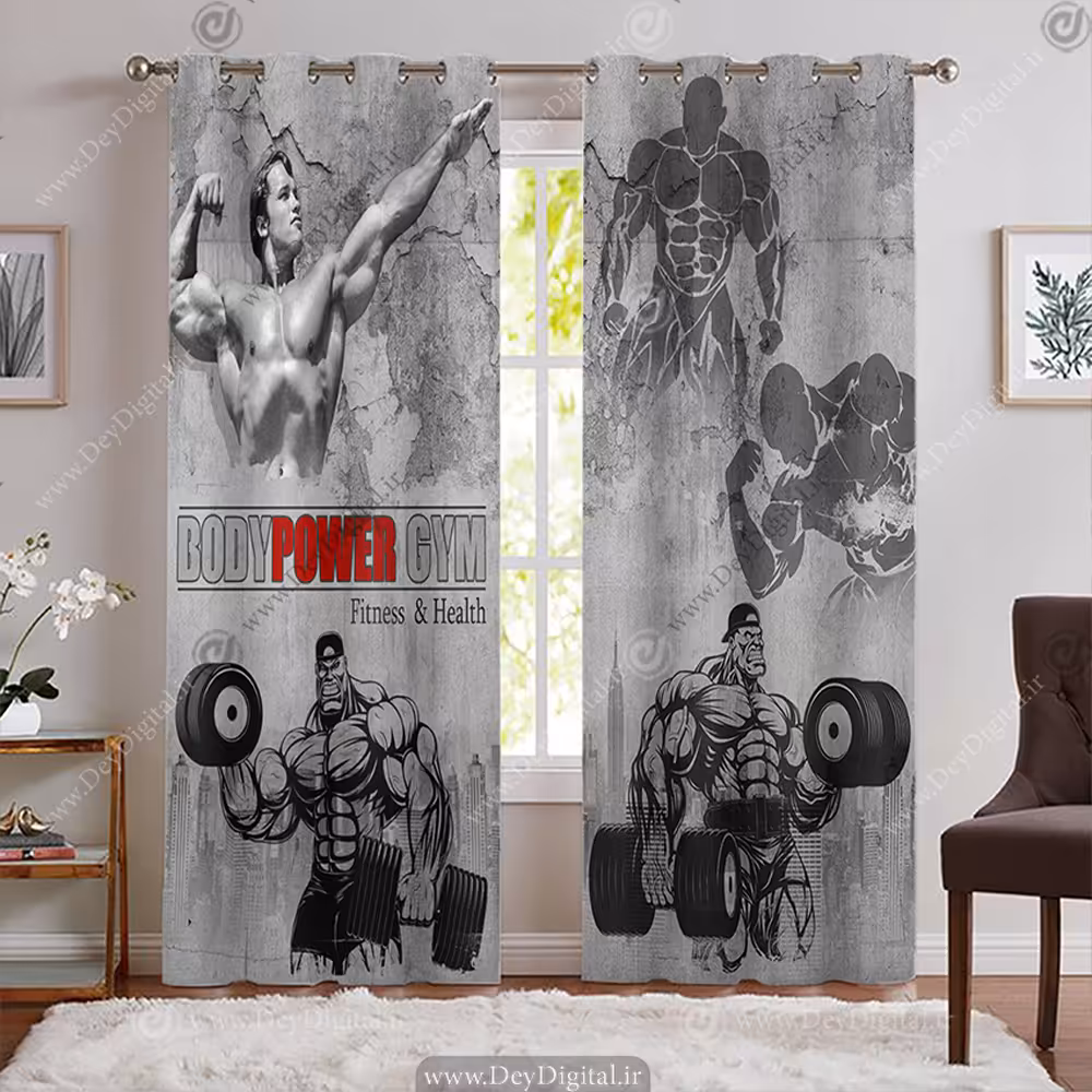 پرده پانچی بدنسازی طرح فیگور آرنولد با زمینه دیوار سیمانی و تم طوسی BA-7878-s