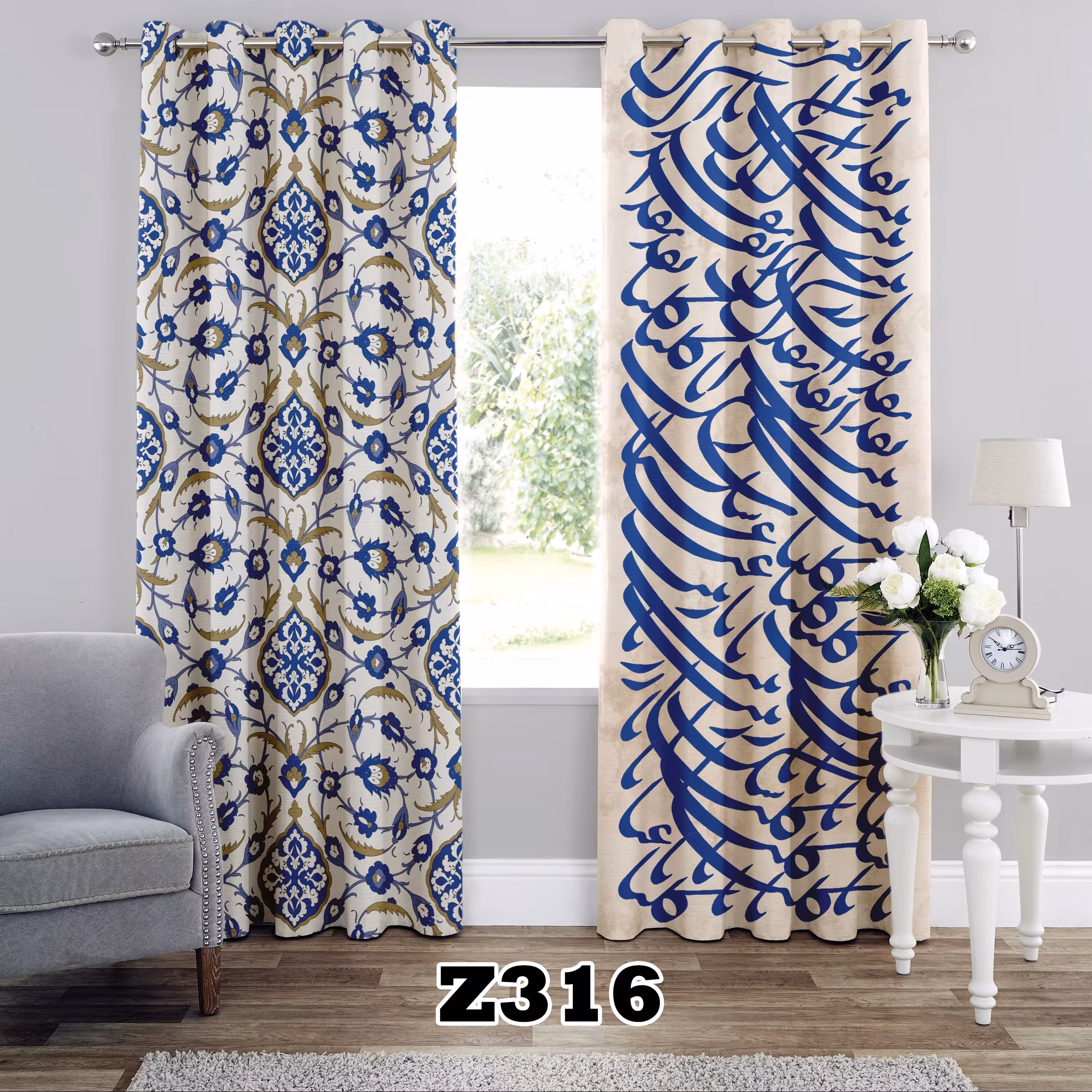 پرده چاپی طرح  خطاطی  کد Z316 تک قواره ارتفاع 300 عرض 140 سانت