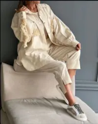 مانتو شلوار زنانه لنین مدل کت و شلوار ریش ریش آیوا
